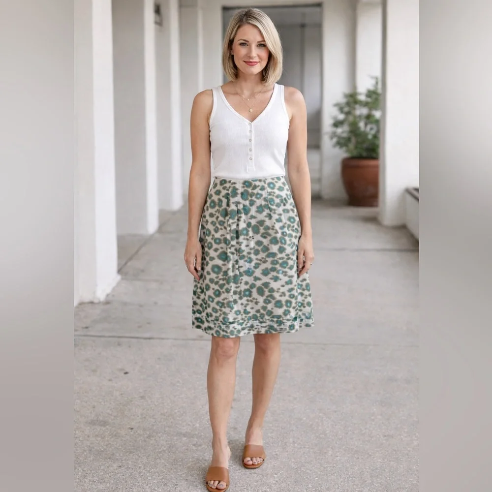 LOFT skirt cream aqua blue side zip lined 100% cotton Sz 10